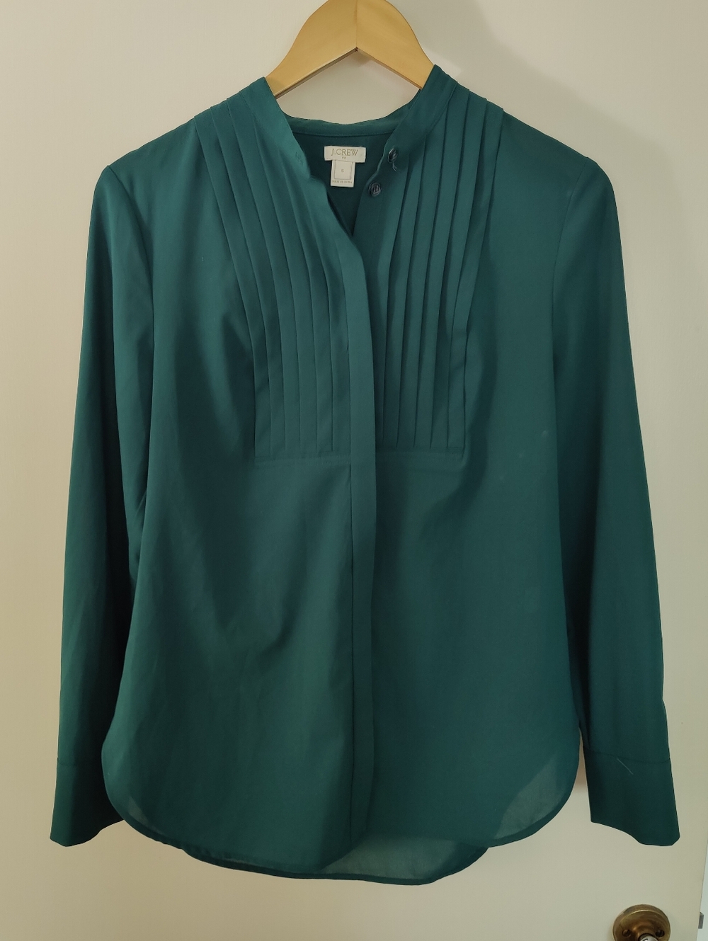 J. Crew Green Pintuck Collarless Tuxedo Long-Sleeve Blouse